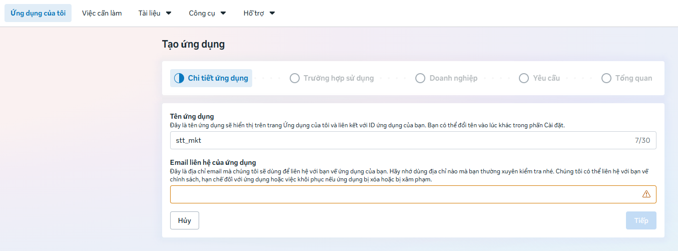 Bước 3 — Điền tên ứng dụng và email liên hệ