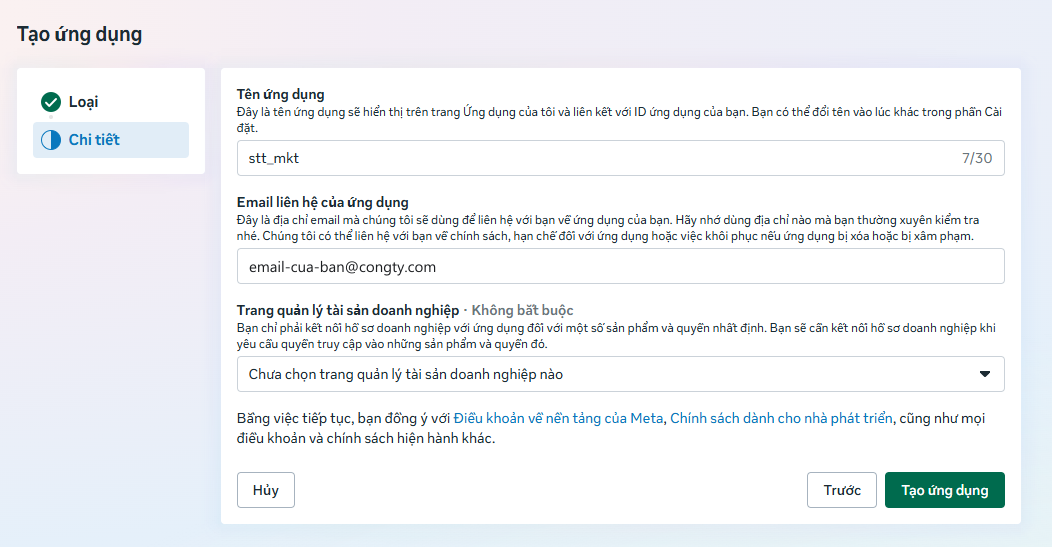 Bước 6 — Xác nhận và bấm “Tạo ứng dụng”