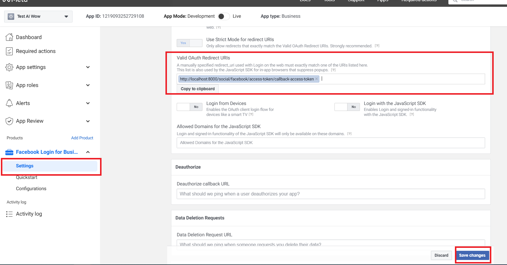 Bước 8 — Điền URI chuyển hướng OAuth hợp lệ